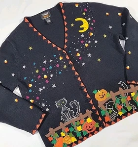 Vintage Halloween Cardigan Sweater Cats 3D Embroidered Leaves Women's Large - Bild 1 von 19