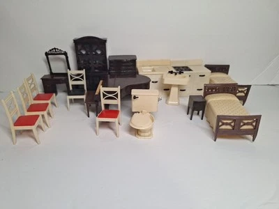 17 Piece Doll House Furniture Renwal vintage Piano, Bed, Toilet, Chairs, Dresser - Image 1 of 4