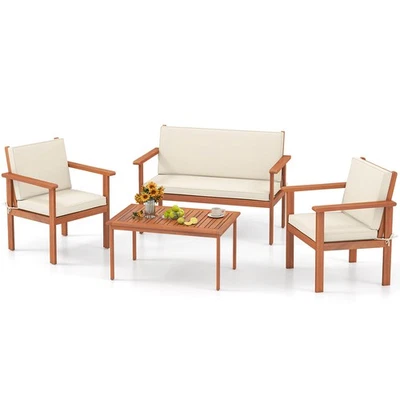 4 PCS Acacia Wood Conversation Set w/ Seat & Back Cushions Loveseat Armchairs - Image 1 of 4
