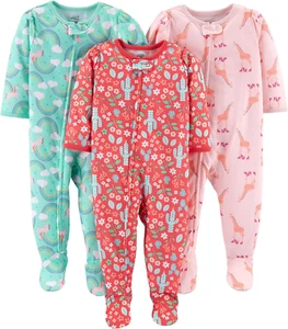 Toddlers and Baby Girls' Loose-Fit Polyester Jersey Footed Pajamas, Pack of 3 - Picture 1 of 6