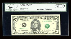DBR 1995 $5 FRN Kansas City Fr. 1985-J Legacy 58 PPQ Serial J08909875A - Picture 1 of 2