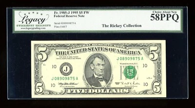 DBR 1995 $5 FRN Kansas City Fr. 1985-J Legacy 58 PPQ Serial J08909875A - Image 1 of 2