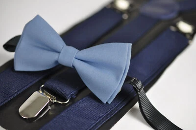 Dusty Blue Cotton Bow tie + Navy Blue Elastic Suspenders Braces  - Image 1 of 4