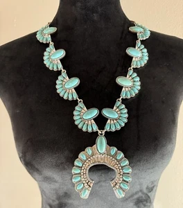 Faux Turquoise  and Metal Squash Blossom Necklace/Southwestern Jewelry - Picture 1 of 19