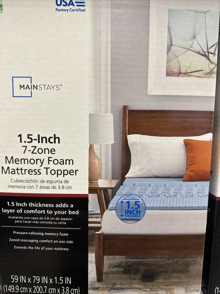Mainstays 1.5” 7-Zone Memory Foam Mattress Topper Blue