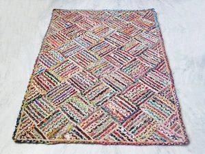 Striped Hand Made Bohemian Braided Cotton Area Rug in Multi Color Chindi - Picture 1 of 7