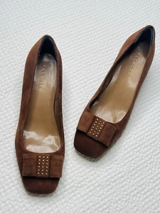 Talbots Womens Studded Leather Suede Khaki Brown Square Toe Shoes Pumps Size 9B - Picture 1 of 11