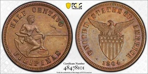 1904 Philippines 1/2 Centavo PCGS MS62BN USA Half Cent Brown Uncirculated Tone - Picture 1 of 1