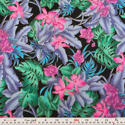 Orchids by Hoffman Fabrics Metallic Florals on Black Cotton Remnant 19" x 43" - Image 1 of 2