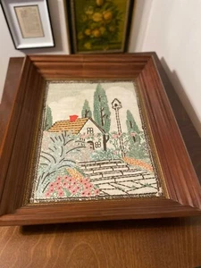 Vtg Chenille Needlepoint Art Picture Quaint Serene Cottage Scene Boho Hippie Art - Picture 1 of 10