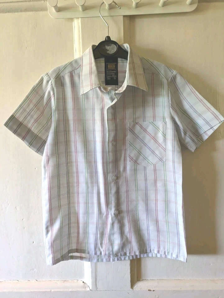 Boys BHS Vintage  Short Sleeve  Blue  Check  Shirt  height 128 cm 11.5 collar  - Image 1 of 4