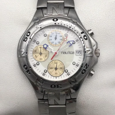 Nautica Chronograph Watch Mens 41mm Stainless Steel Date N00410 New Battery 8" - Image 1 of 4