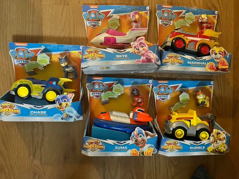 Lote Paw Patrol Mighty Pups Super Paws Vehículo de Lujo Persecución Cielo Escombros Marshall Zuma Foto 1 de 4