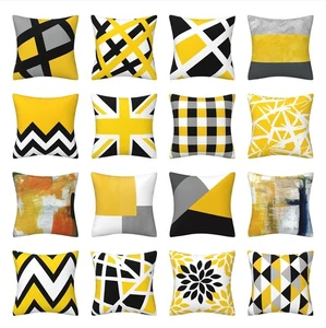 Grey and Yellow Black Floral Pillow Cover Abstract Modern Geometric Cushion Case - Picture 1 of 63