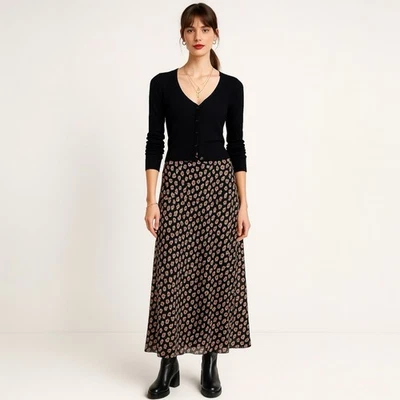 Charter Club Silk Midi Skirt 16 Black Pink Ditsy Floral Cottagecore Grunge Boho - Image 1 of 4