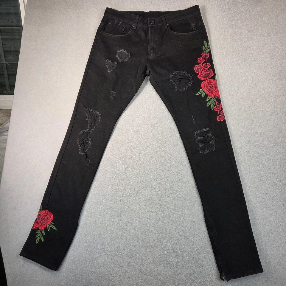 Pantalones de mezclilla ajustados desgastados bordados rosa negros 34x32 Young & Reckless para hombre Foto 1 de 4