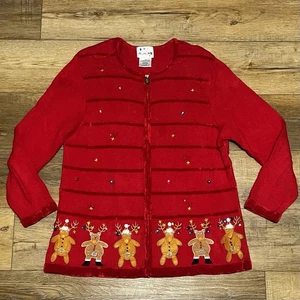 Quacker Factory 1X Christmas Knit Red Cardigan Sweater Full Zip Reindeer Beaded - Picture 1 of 7