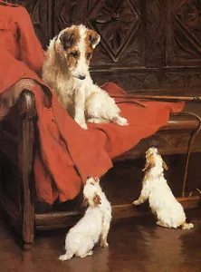 WIRE FOX TERRIER CHARMING DOG GREETINGS NOTE CARD MUM IN CHAIR WITH TWO PUPS - Picture 1 of 1