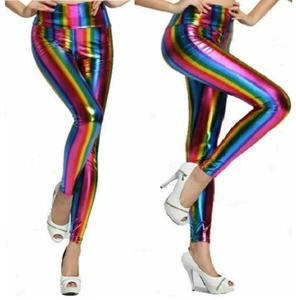 Damas Niños Arco Iris Metálico Cuero Sintético PVC Brillante Retro Discoteca Fiesta Leggings - Imagen 1 de 3