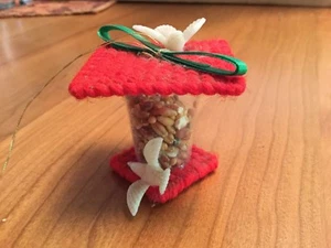 VTG BIRD FEEDER CHRISTMAS ORNAMENT - Handmade 1.75" Tall White Birds Birdseed - Picture 1 of 9