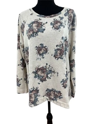 J.Jill SZ Med Floral Boat Neck Long Sleeve Sweatshirt Oatmeal Heather Roses - Image 1 of 4