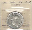 1949 Fifty Cents ICCS MS-63 * MAGNIFIQUE King George VI LOW tirage BU Canada 50 ¢