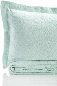 Sferra Hannah Aqua Euro Shams Pair Blue Scrolling Leaves Cotton Matelasse NEW - Picture 1 of 7