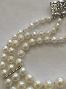 "Pulsera 3 hilos Akoya perlas cultivadas japonesas vintage oro blanco de 7,25"" 14 k" - Imagen 1 de 18