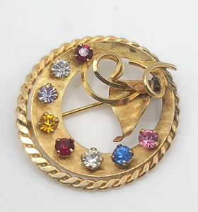 Vintage Rhinestone Brooch Multicolor Gold Tone Circle - Picture 1 of 7