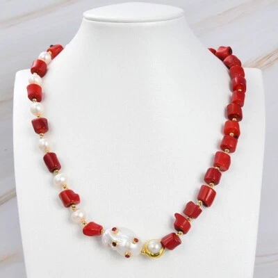 Collar de perlas blancas coral rojo perla Keshi blanca circonita pavé colgante 21" Foto 1 de 4