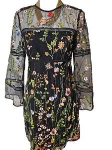 Nanette Lepore Black multi Embroidered Floral Mesh Dress Size 2 - Picture 1 of 8