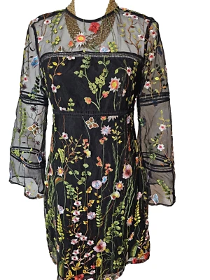 Nanette Lepore Black multi Embroidered Floral Mesh Dress Size 2 - Image 1 of 4