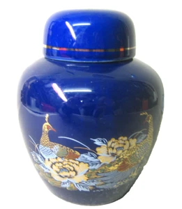 Tarro de té de jengibre con tapa azul pavo real dorado chino vintage - Imagen 1 de 4