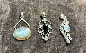 3 ciondoli argento sterling 2 pietre di luna 1 onice nera zirconi 925 gioielli - Foto 1 di 8