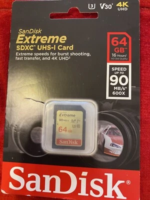 SanDisk Extreme 64GB SDXC UHS-1 Card 4K UHD SPEED UP 90 MB/s 600x. NEW SEALED. - Image 1 of 3