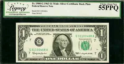 $1 1963 Fr. 1900-G Mule Face of FRN and Back of Silver Cert LCGS Abt New 55PPQ - Image 1 of 2