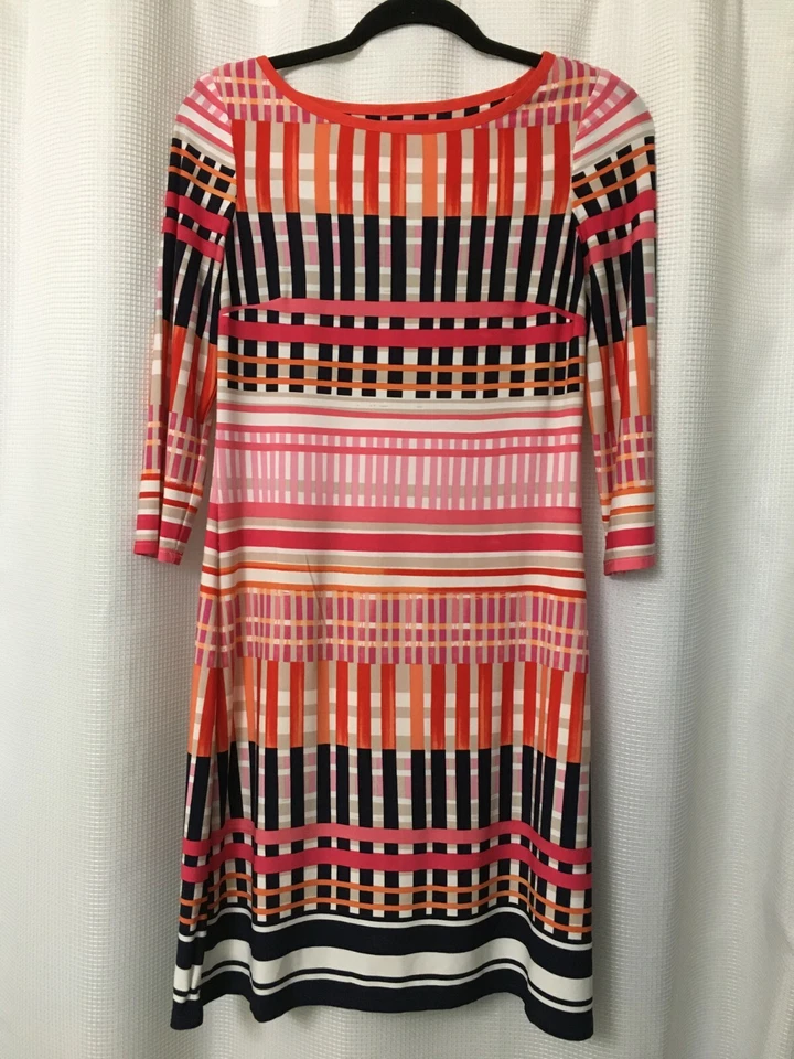 ELIZA J полоски эластичной оболочка платье размер 4 оранжевый розовый черный длинный Slv D1 - Изображение 1 из 4