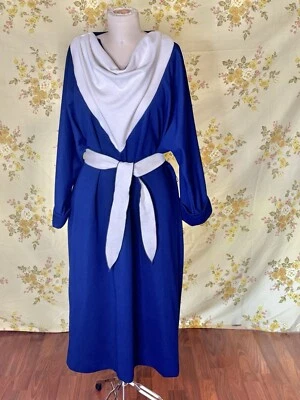 复古 80 年代 Leslie Fay 蓝色奶油色垂褶长袖腰带迷笛连衣裙 L/XL 16 — 第 1/4 张图片