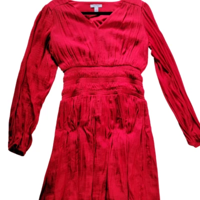 Nine West Women's Red Long Sleeve Midi Dress Size M – Smocked Waist V-Neck #3413 - Image 1 of 4