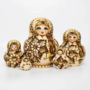 5pcs 14cm / 5.5" Burned Wood Genuine Matryoshka Russian Nesting Dolls - Picture 1 of 2