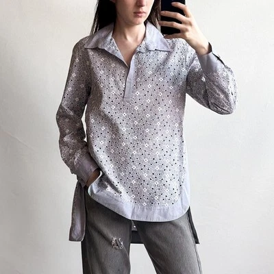 Blumarine gray/blue and white cut-out lace long sleeve collared top 44 - Image 1 of 4