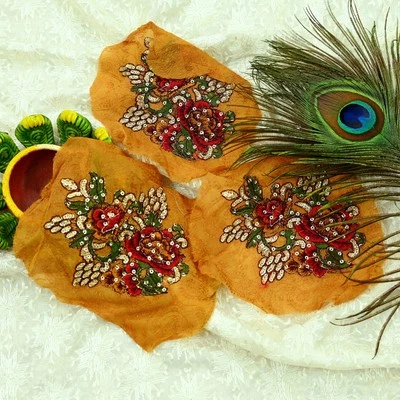 Indian Vintage 3 Pcs Rare Appliques Saffron Pure silk Applique VERY OLD ANTIQUE - Image 1 of 4