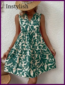 Mujeres Mini Vestido Estampado Boho Verano Elegante Sin Mangas Cuello en V Volantes Línea A Tanque - Imagen 1 de 27