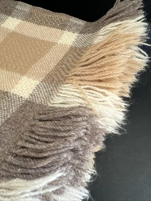 Vtg Pendleton Pure Virgin Wool Fringe Throw Blanket 66x52 Gray Beige Plaid USA - Image 1 of 4