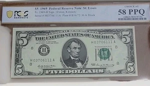 1969  $5 Federal Reserve Note PMG 58 PPQ Choice AU H-A BLOCK  - Picture 1 of 7