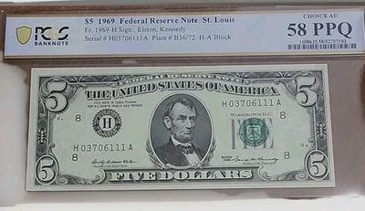 1969  $5 Federal Reserve Note PMG 58 PPQ Choice AU H-A BLOCK  - Image 1 of 4