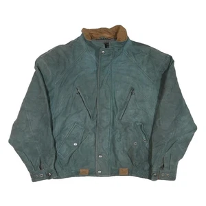 BEYOND Mens Green Leather Jacket L Plain Zip Up Casual Outerwear - Picture 1 of 6