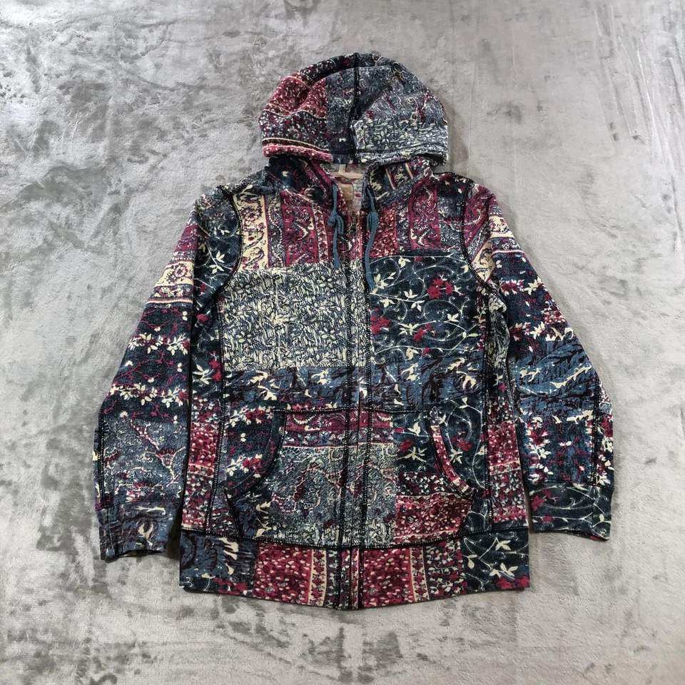 Lucky Brand Hoodie Womens Small Blue Red Floral Patchwork Full Zip Cotton Boho - Image 1 of 4