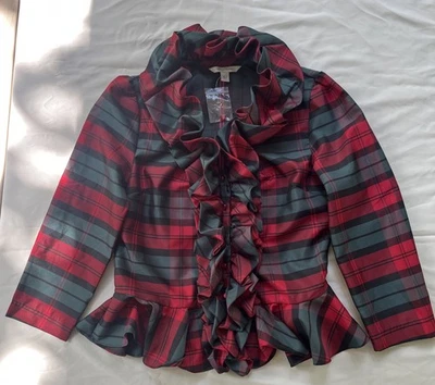Boston Proper RED/GREEN Plaid Ruffled Peplum Blouse Size 12 Christmas Holiday - Image 1 of 4