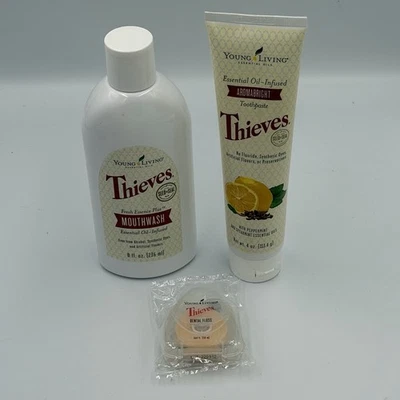 Juego combinado de enjuague bucal, pasta de dientes, hilo dental Young Living Thieves aceite esencial Foto 1 de 4